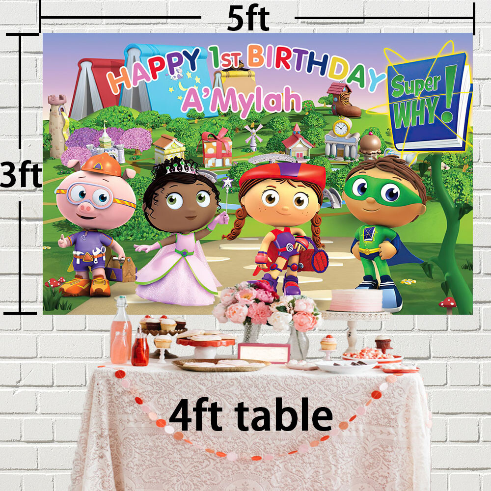 Super Why Personalised Custom Party Supplies Birthday Backdrop Vinyl 5x3ft gallery
