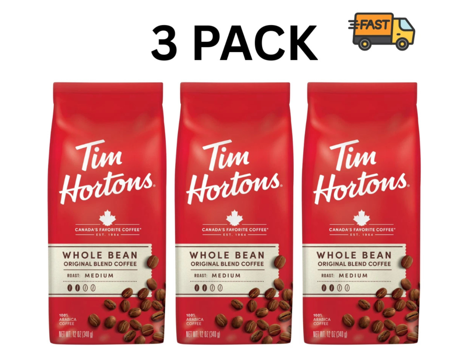 Tim Hortons Medium Roast Coffee Beans Whole Bean 12oz Organic Arabica 3 Pack gallery