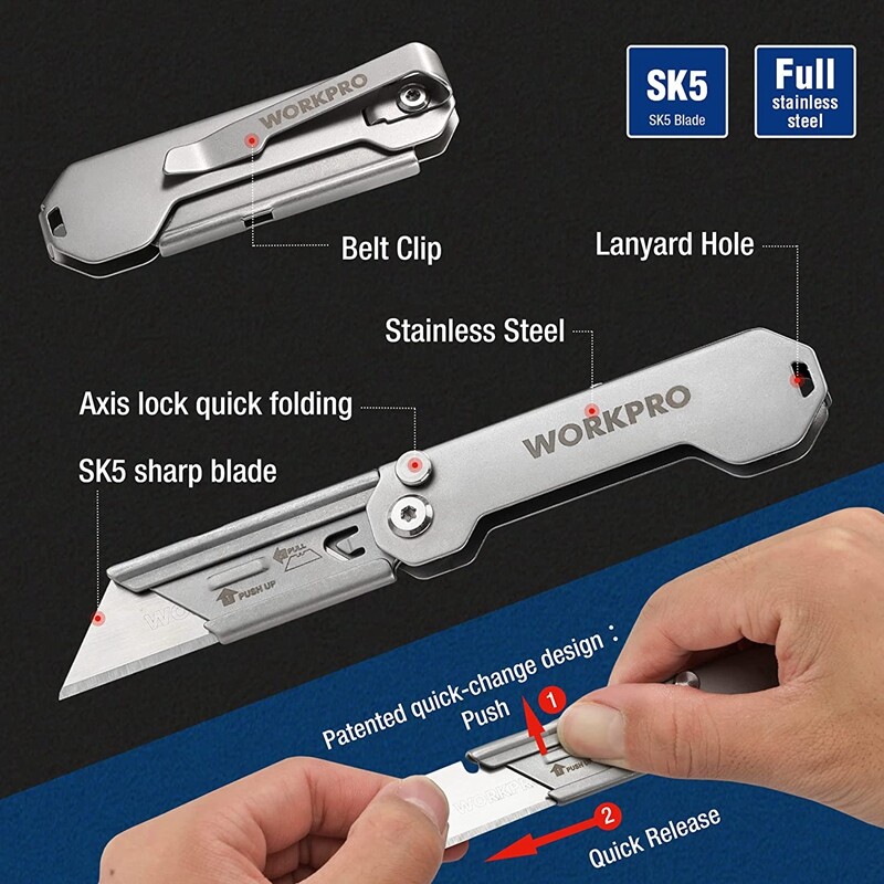 WORKPRO 3-Pack Folding Utility Knife Set EDC Knife Quick Change Blade Pocket gallery