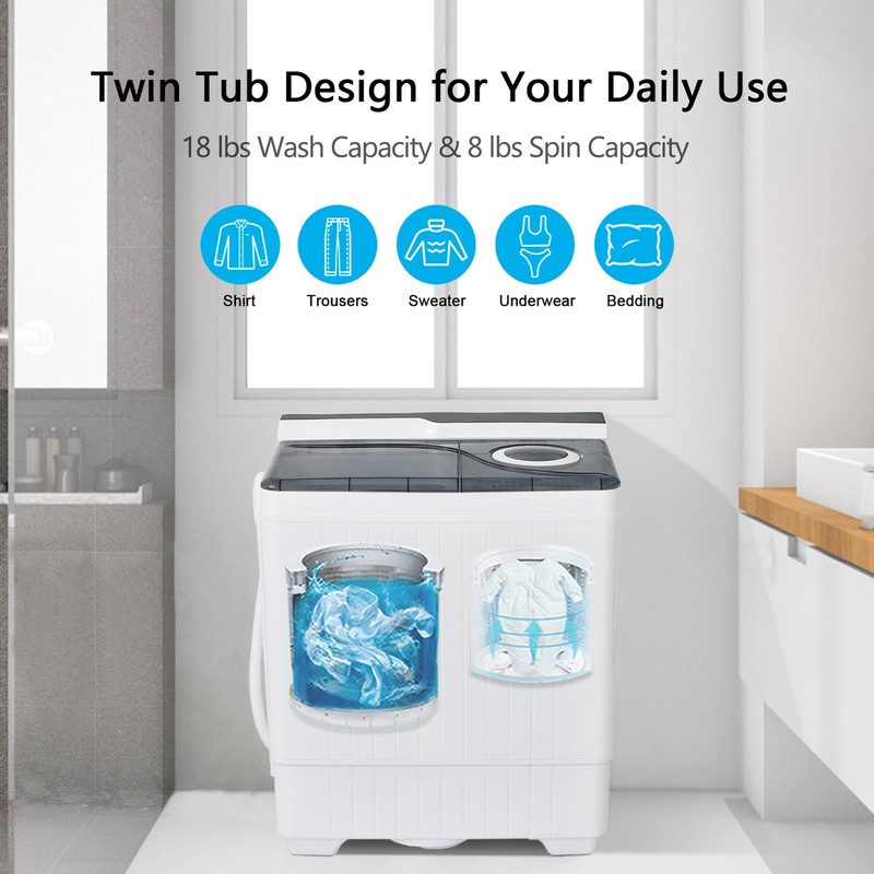 Portable Semi-automatic Washing Machine 26 lbs Twin Tub Laundry Washer Grey gallery