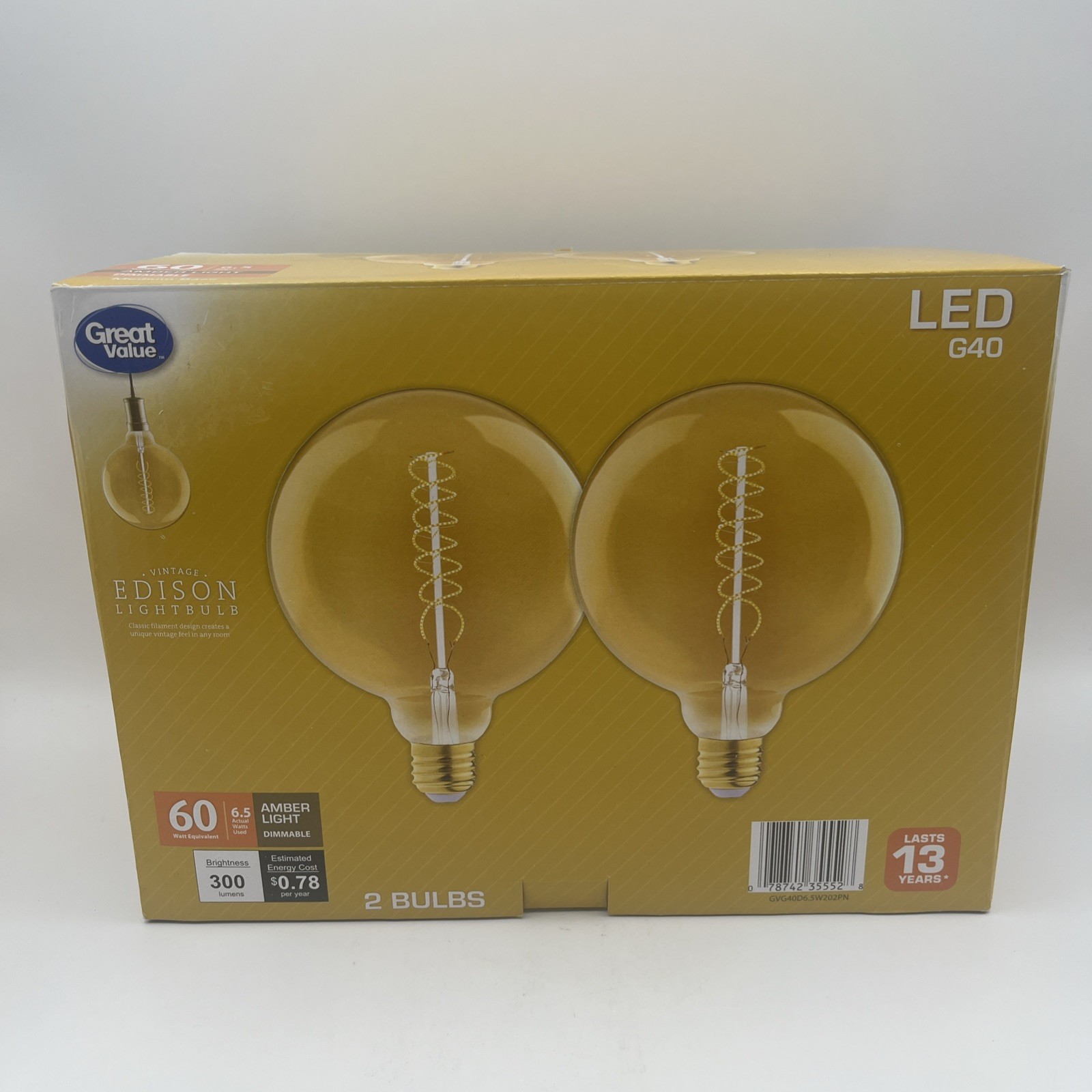 GV Vintage Retro Edison Light Bulb 60W Equivalent Dimmable LED G40 E26 2 Pack gallery