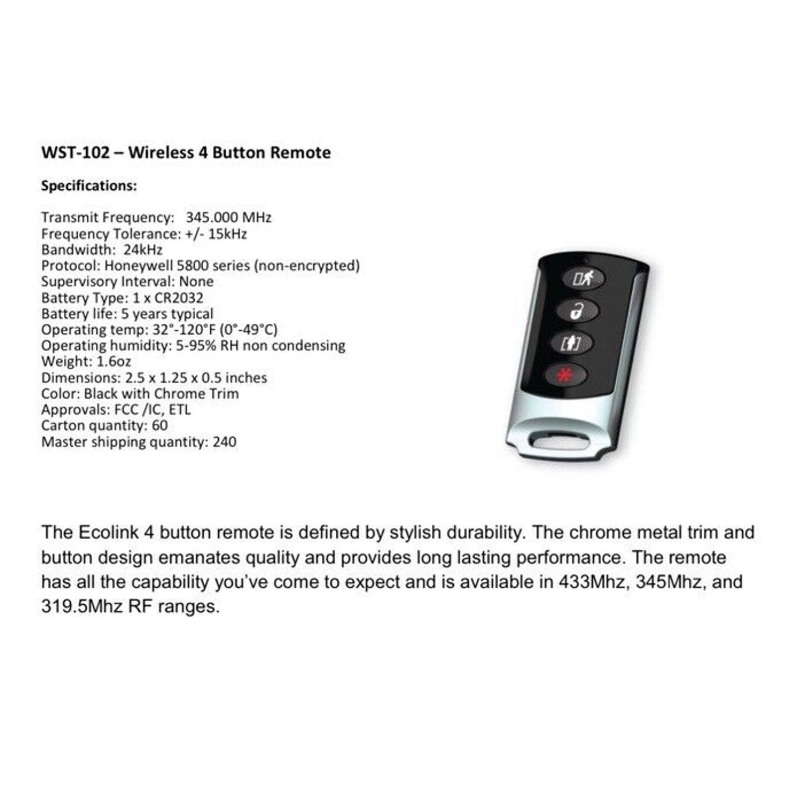 Ecolink WST-102 4-Button Wireless Remote – Honeywell & 2GIG Compatible Keyfob gallery