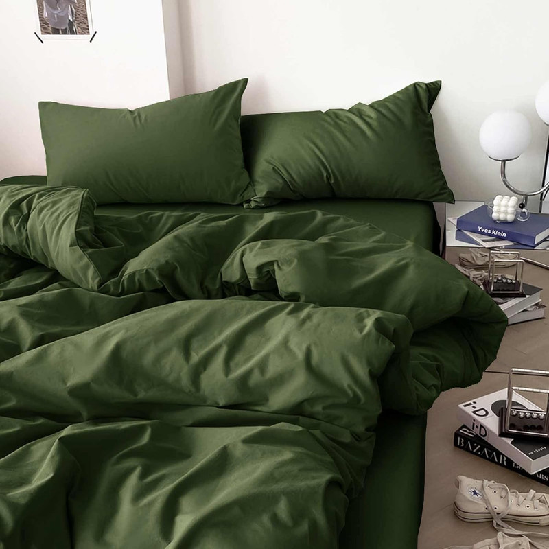 Dark Olive Green Queen Comforter Set - 3 Piece Aesthetic Modern Bedding Set - Al gallery