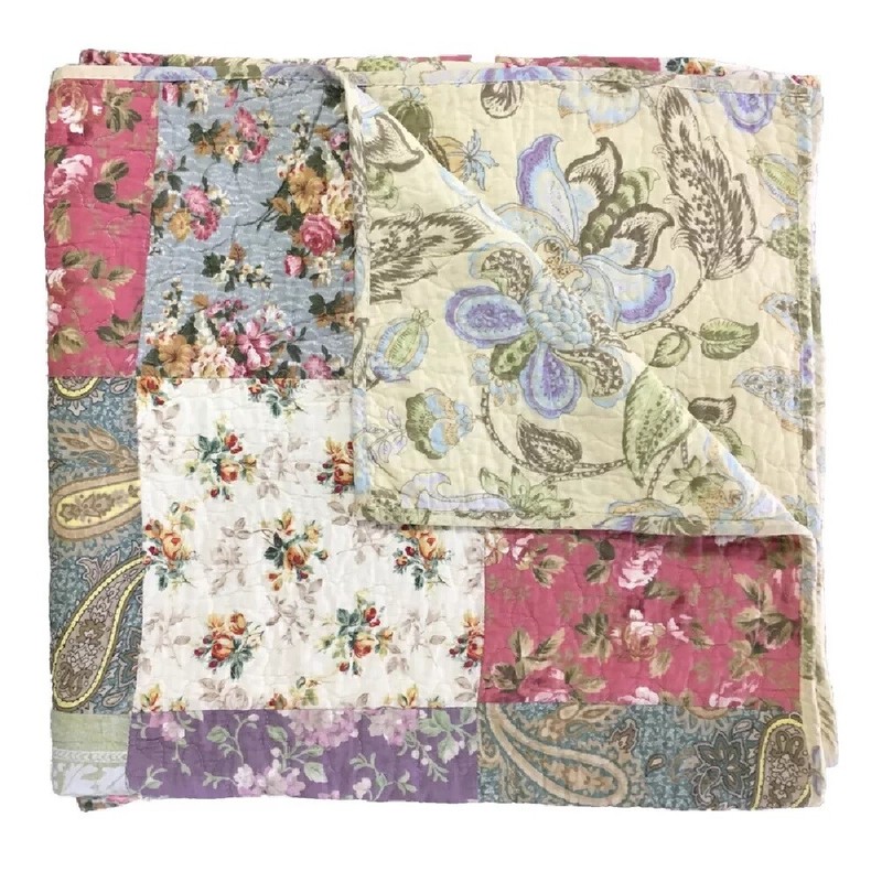 Throw Blanket Floral Patchwork Design Purple White Cotton Quilted Couch Cover gallery