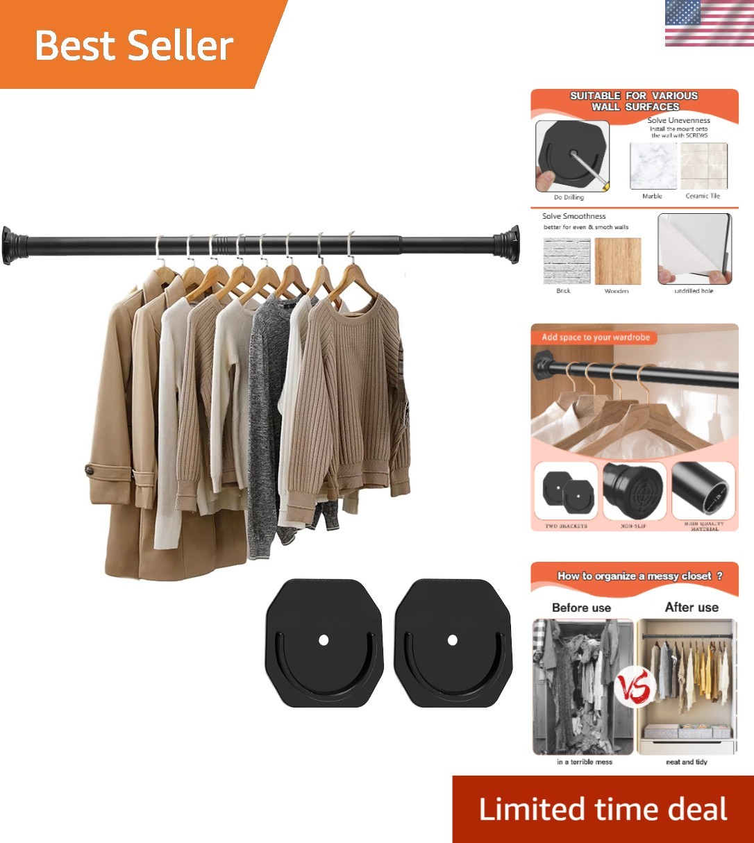 Closet Rod Tension Mounted Expandable No Drilling Clothes Hanging Bar 30-64 I... gallery