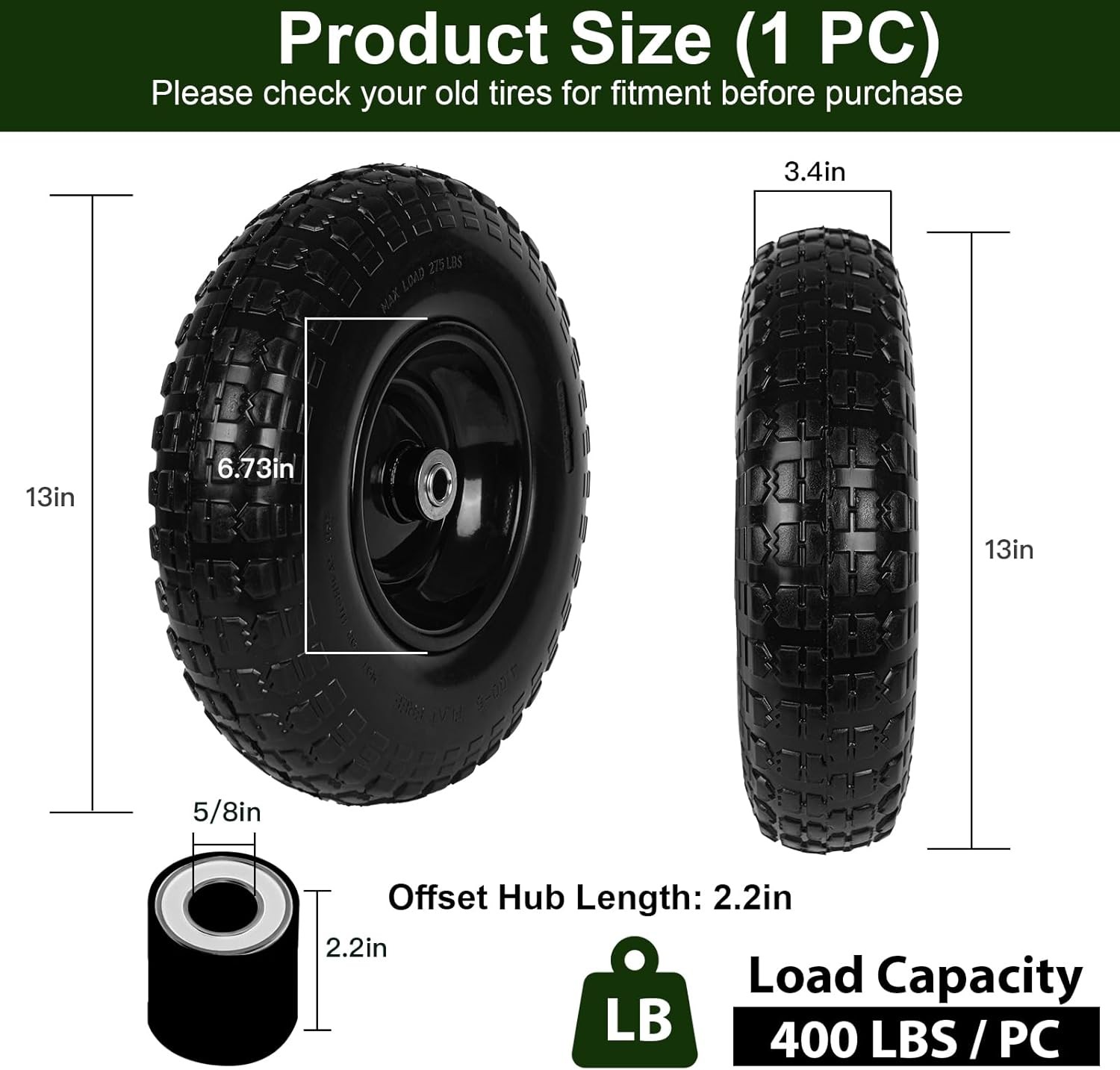 1 PC 13 Inch Rubber Solid Flat Free Replacement Tires and Wheels 4.00-6 gallery