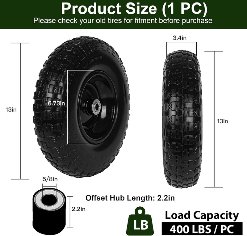 1 PC 13 Inch Rubber Solid Flat Free Replacement Tires and Wheels 4.00-6 gallery