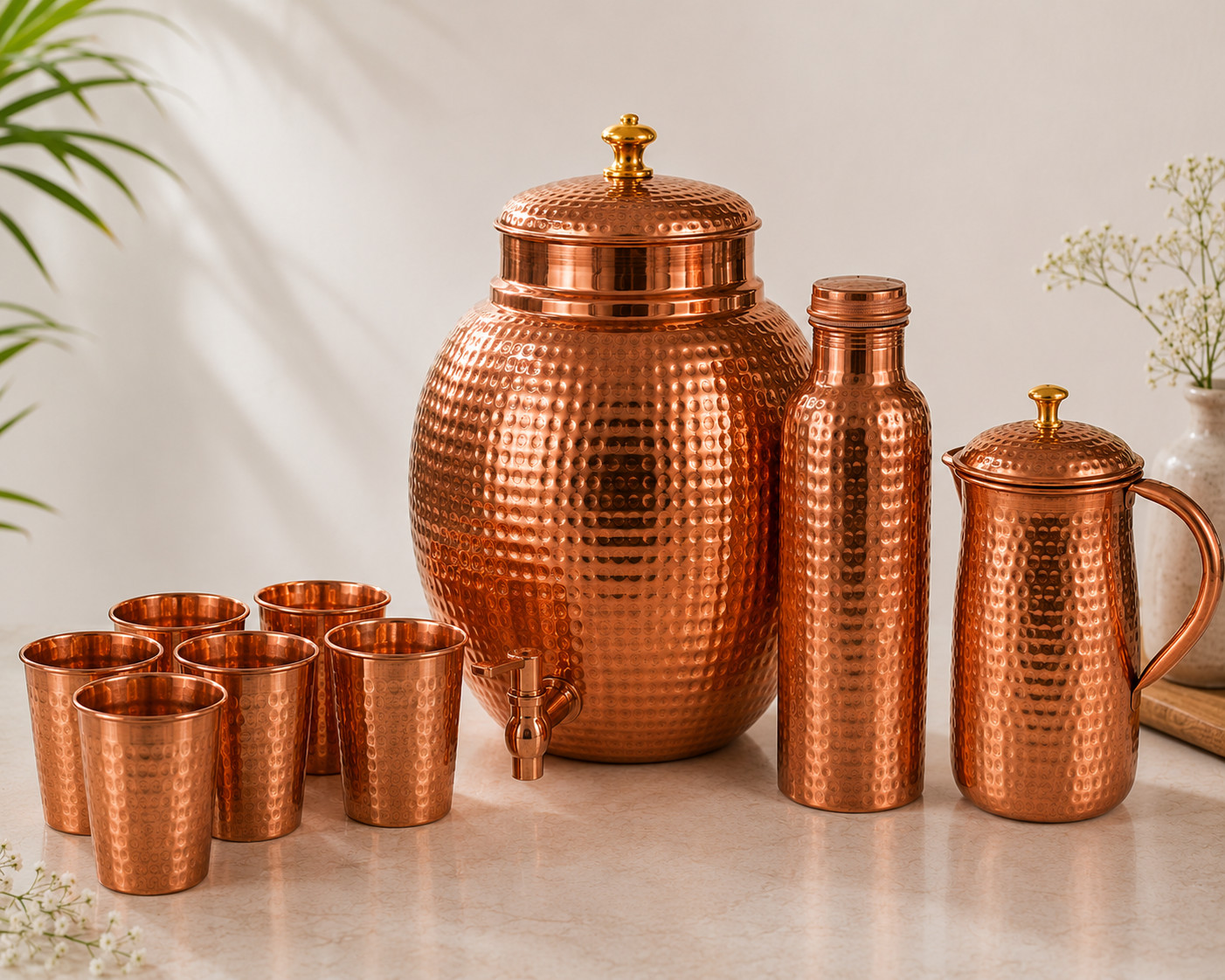 Hammered Pure Copper Water Dispenser Set with 6 Glasses Bottle & Jug Set gallery