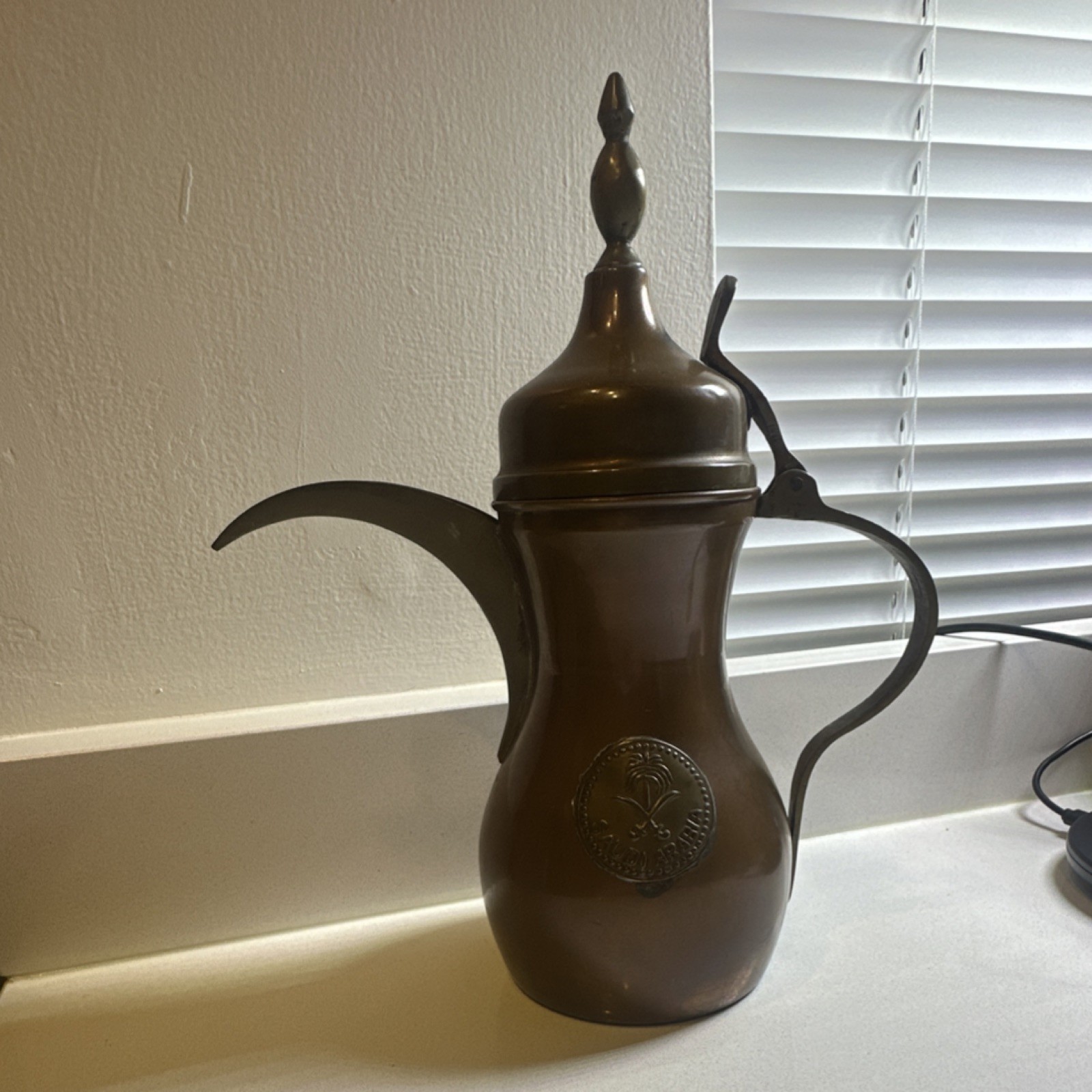 Saudi Arabia Arabic Coffee Pot Turkish Dallah Brass Palm Emblem Metallic Finish gallery
