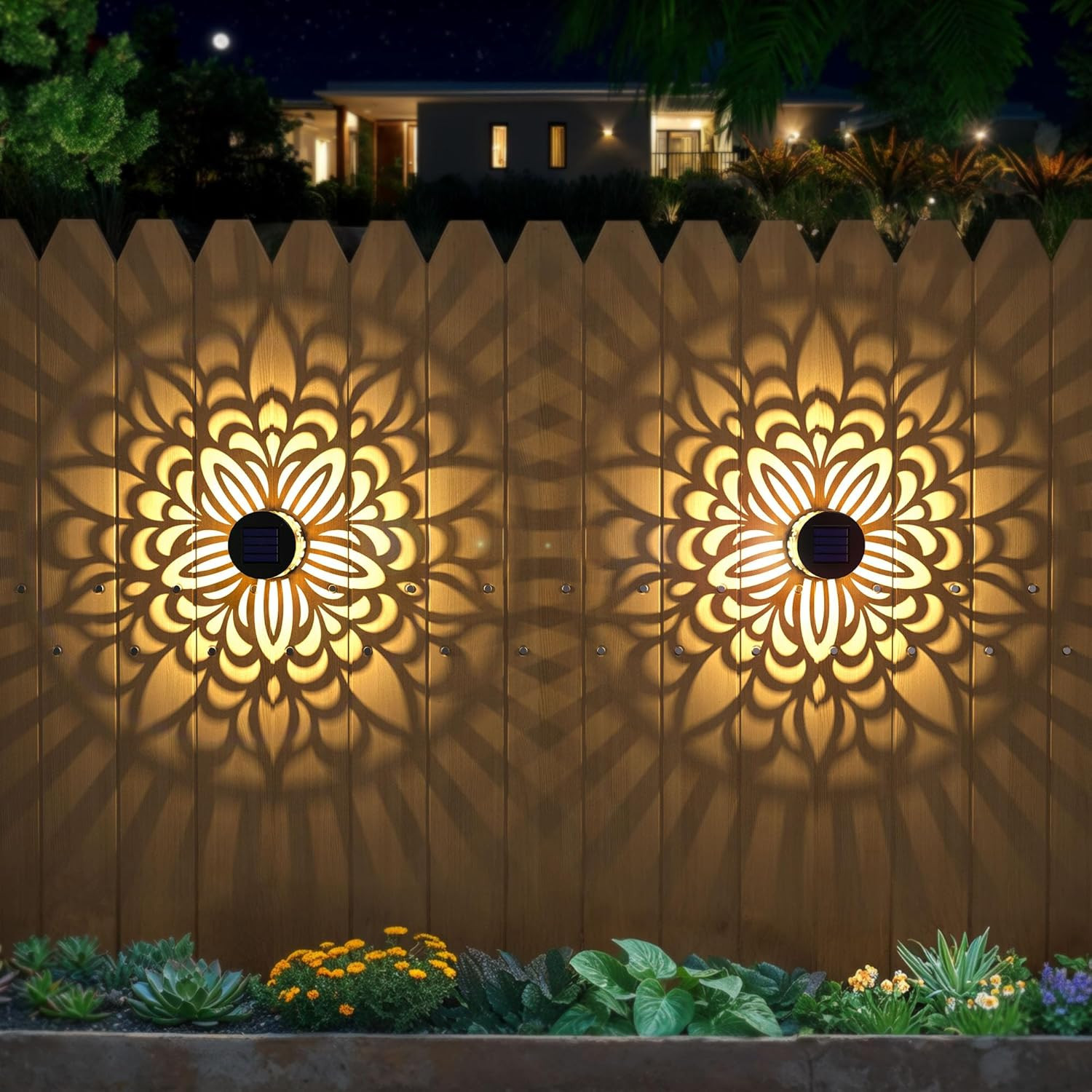 2 Pack Solar Fence Lights Metal Powered Outdoor Wall 2 Pack, Mandala-c gallery
