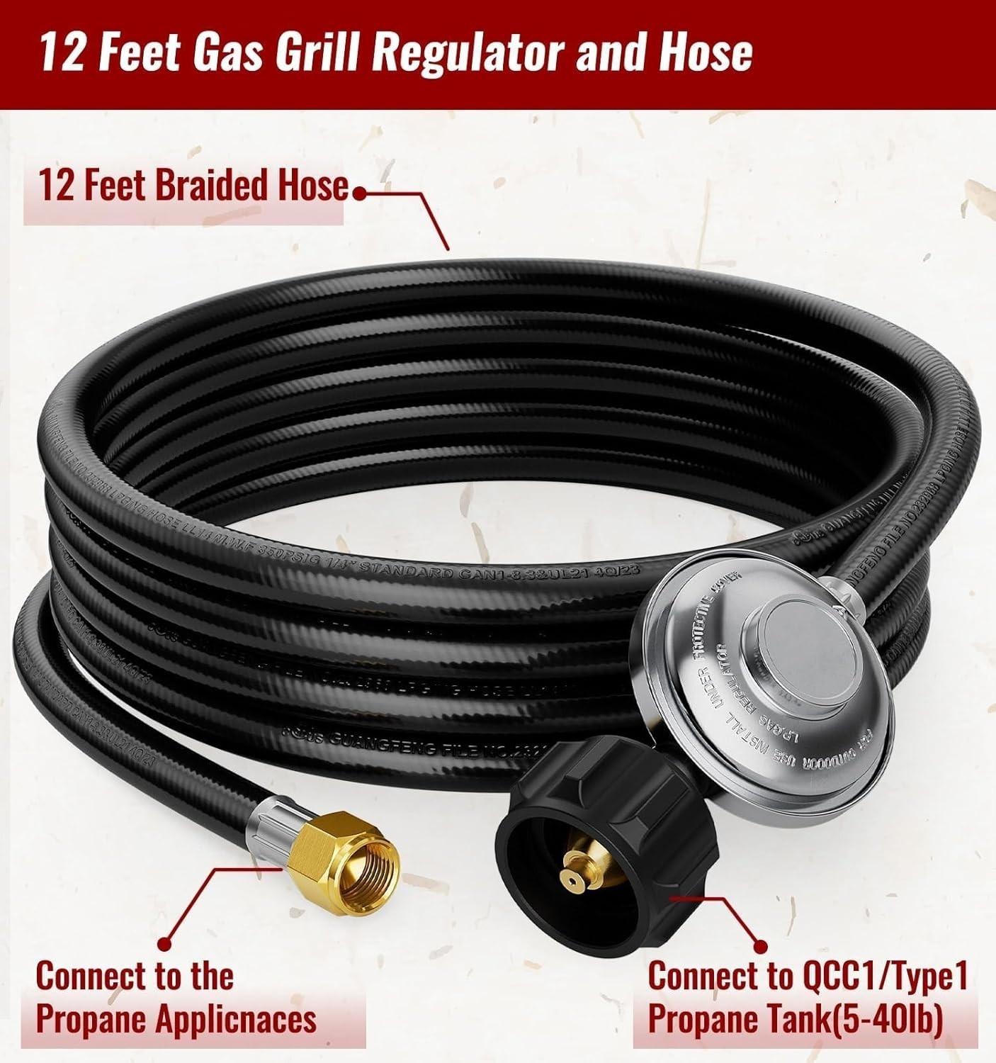 12FT Propane Hose with Regulator, Universal Gas Grill Regulator and Hose, 3/8" gallery
