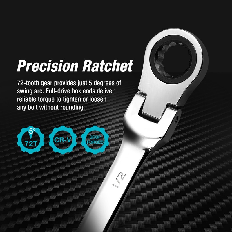 DURATECH 1/2" Flex-Head Ratcheting Combination Wrench, SAE, 1/2inch, Silver gallery