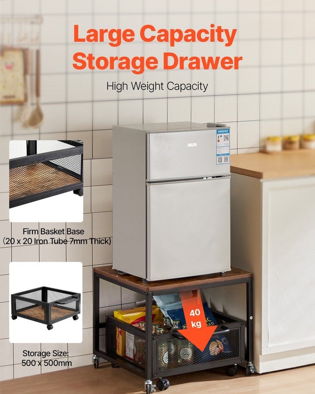 Compact Mini Fridge Stand 198lb with Storage Basket & 360° Casters Light Brown gallery