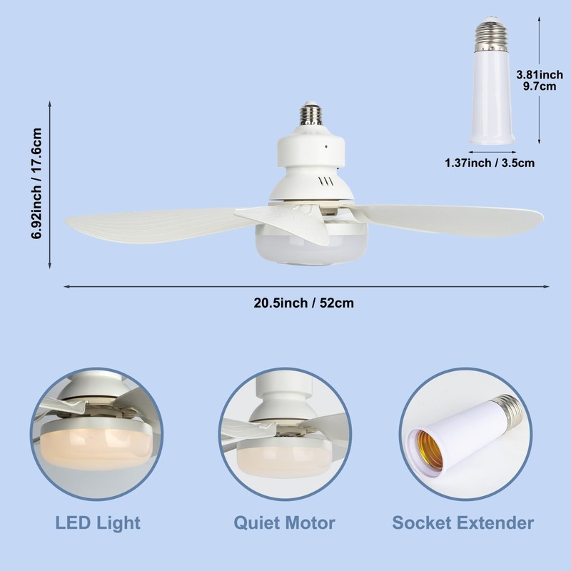 Dimmable Socket Fan Light, 20.5IN Remote Control Combo for Garage, Kitchen, Room gallery
