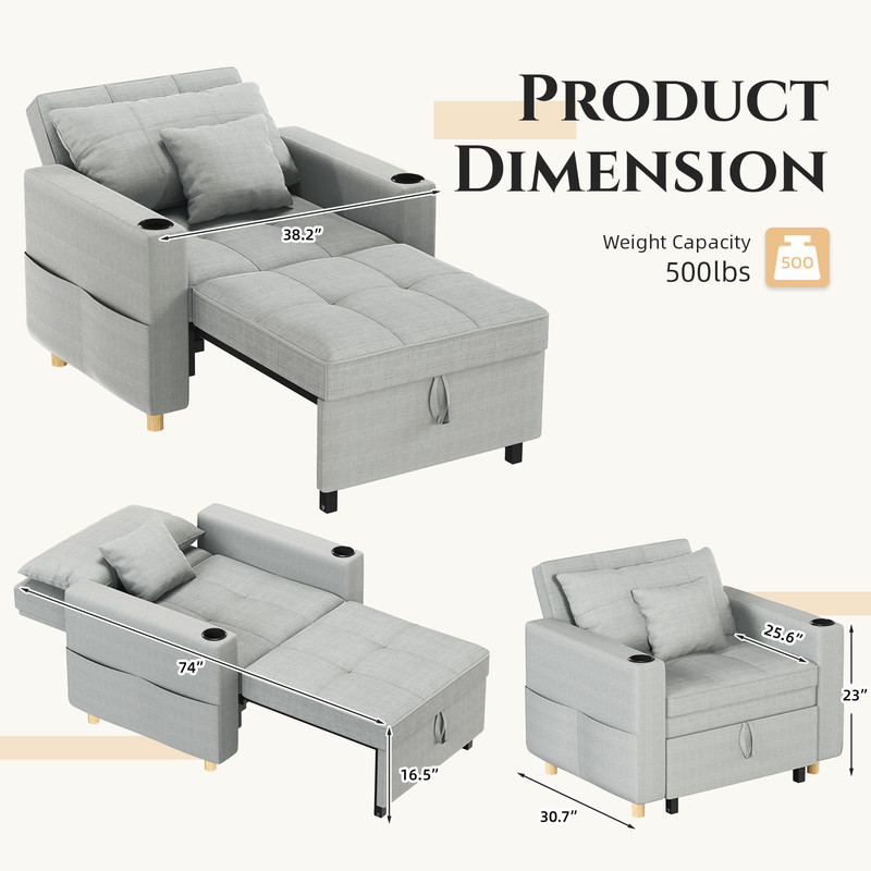 Convertible Sofa Bed 3-in-1 Pull out Arm Chair Folding Recliner Sleeper 5 Color gallery