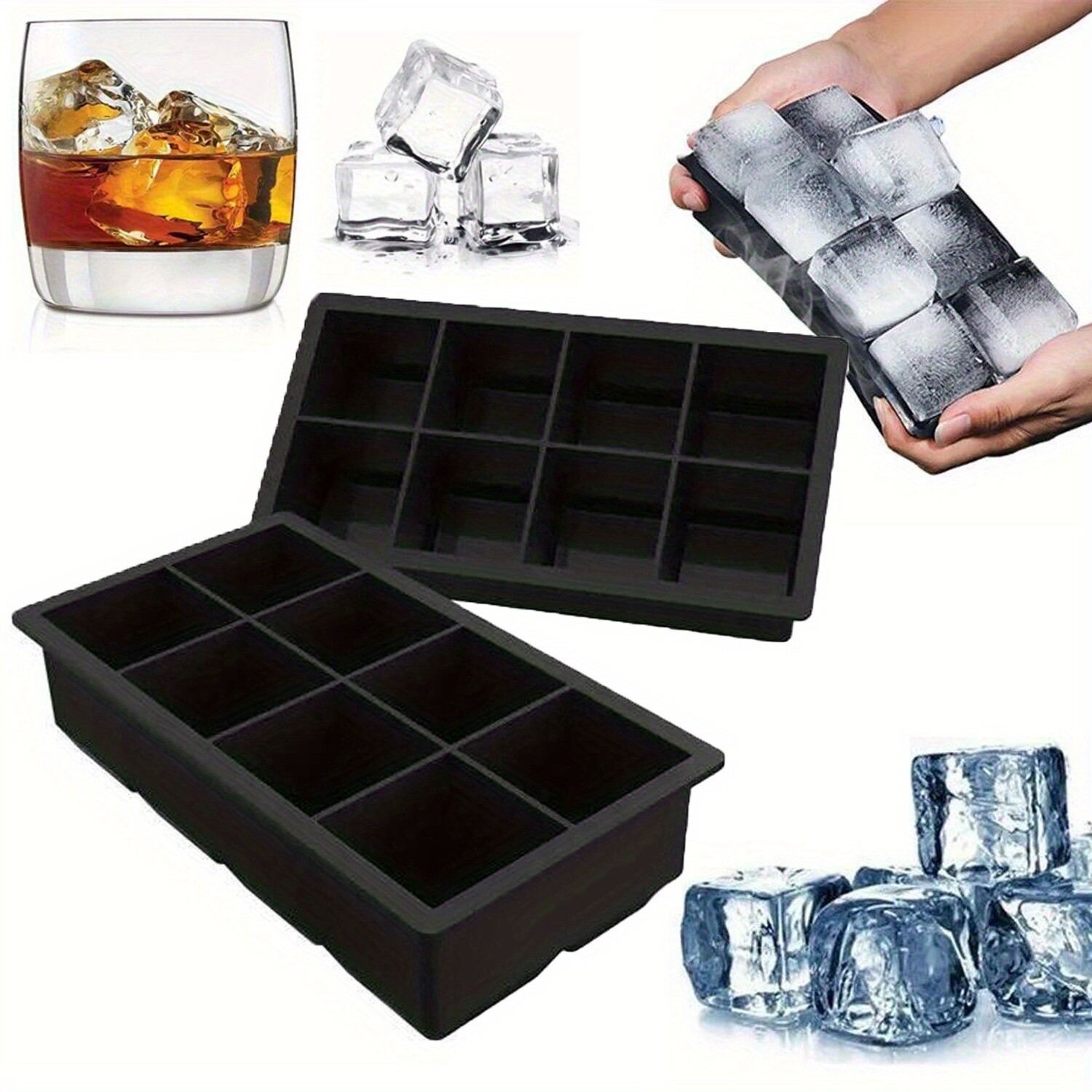 2 Pack Large Silicone Ice Cube Trays Square Ice Cube Molds for Whiskey 16 cubes gallery