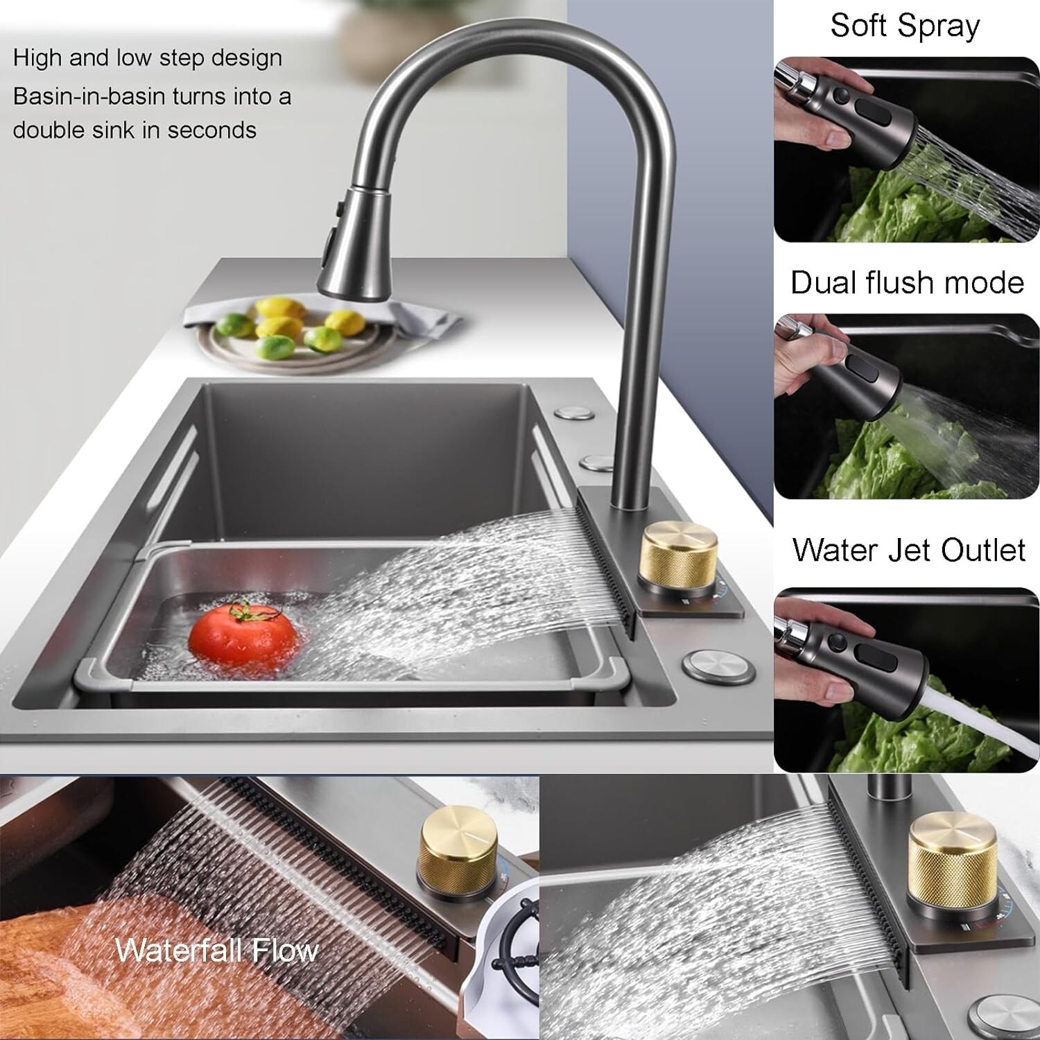 Flying Rain Stainles Steel Watefall Kitchen Sink w PullDown Faucet Gray 31.5INCH gallery