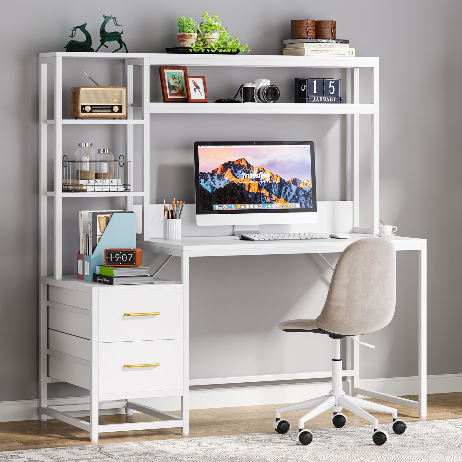 55-Inch Computer Desk with 2 Drawers & Storage Shelves, Rustic Office Desk,White gallery