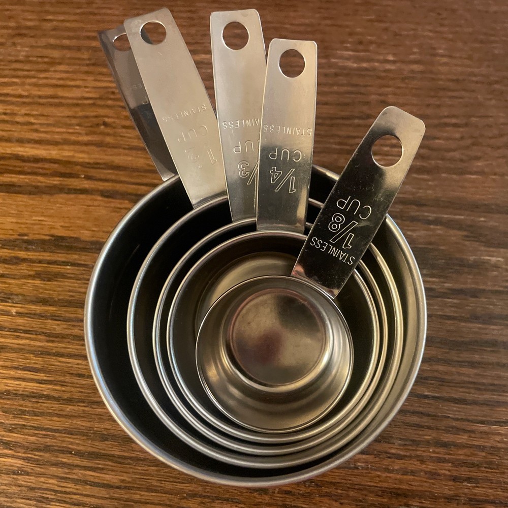 5 Vintage Measuring Cups, Stainless Steel~1 Cup, 1/2 Cup, 1/3 Cup, 1/4 Cup, 1/8