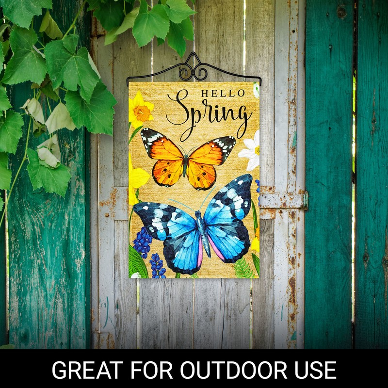 Garden Flag Hello Spring Butterflies Flowers 12x18IN & Hanger 14IN Printed Poly gallery