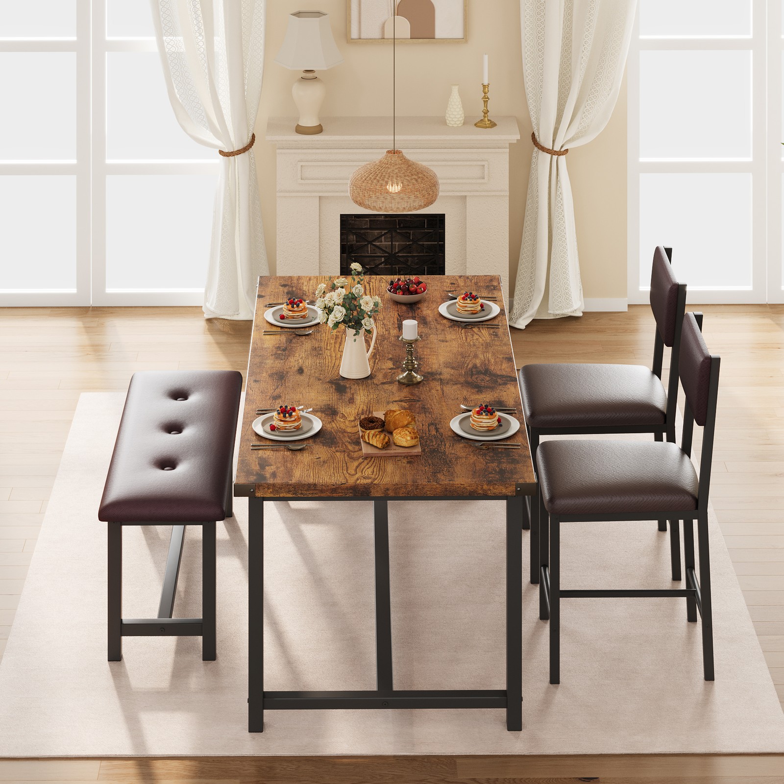 Modern 4-Piece Dining Table Set for 4, Kitchen Table, Bench, 2 Padded Chairs gallery