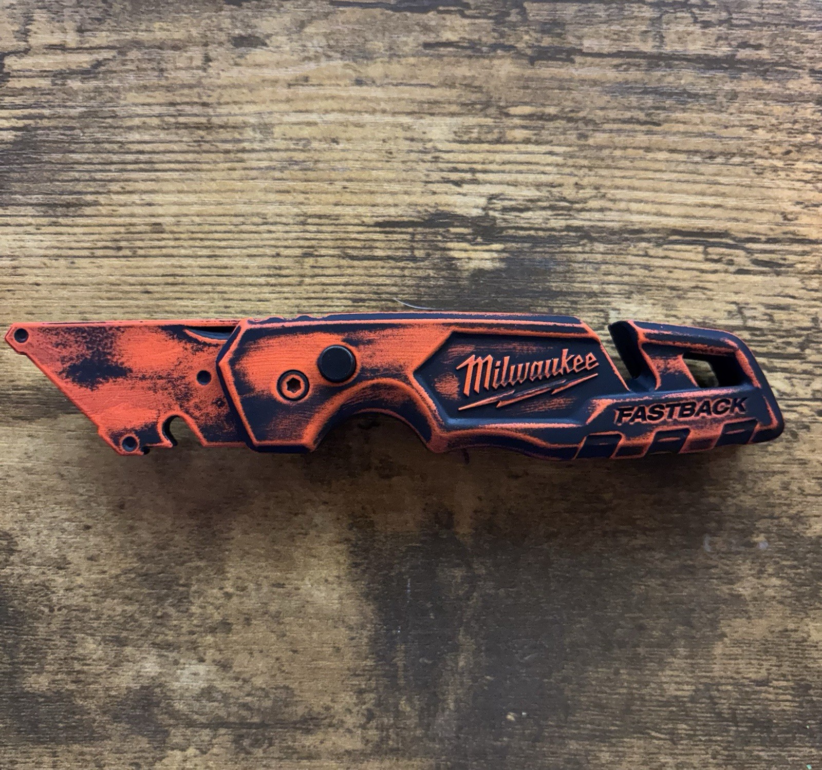 Custom Milwaukee Fastback Folding Knife 48-22-1502 Orange Distressed Battleworn gallery