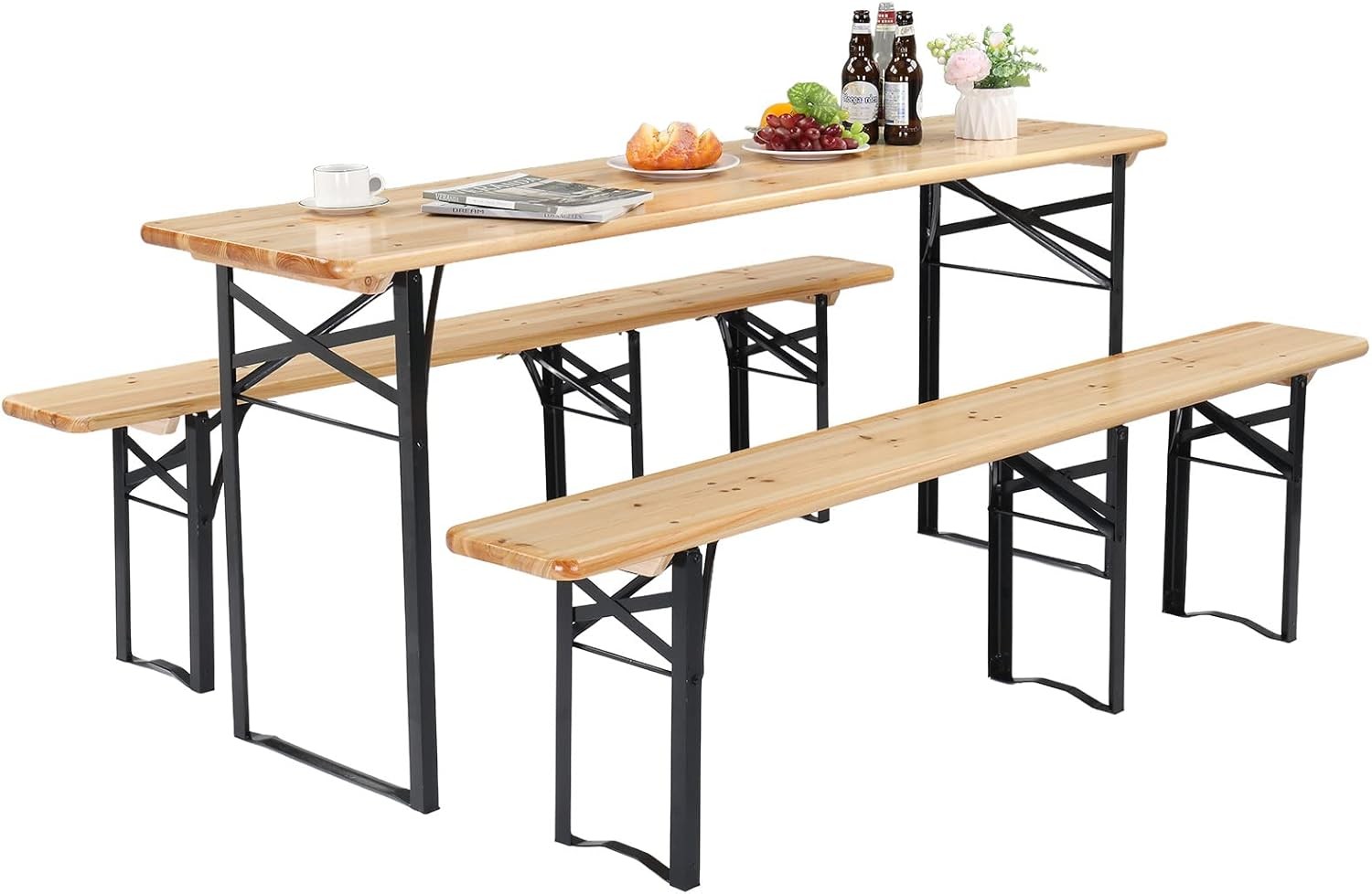 VINGLI70InchFolding Beer Garden TableBenchSet3 Piece Natural Wood for CampingBBQ gallery