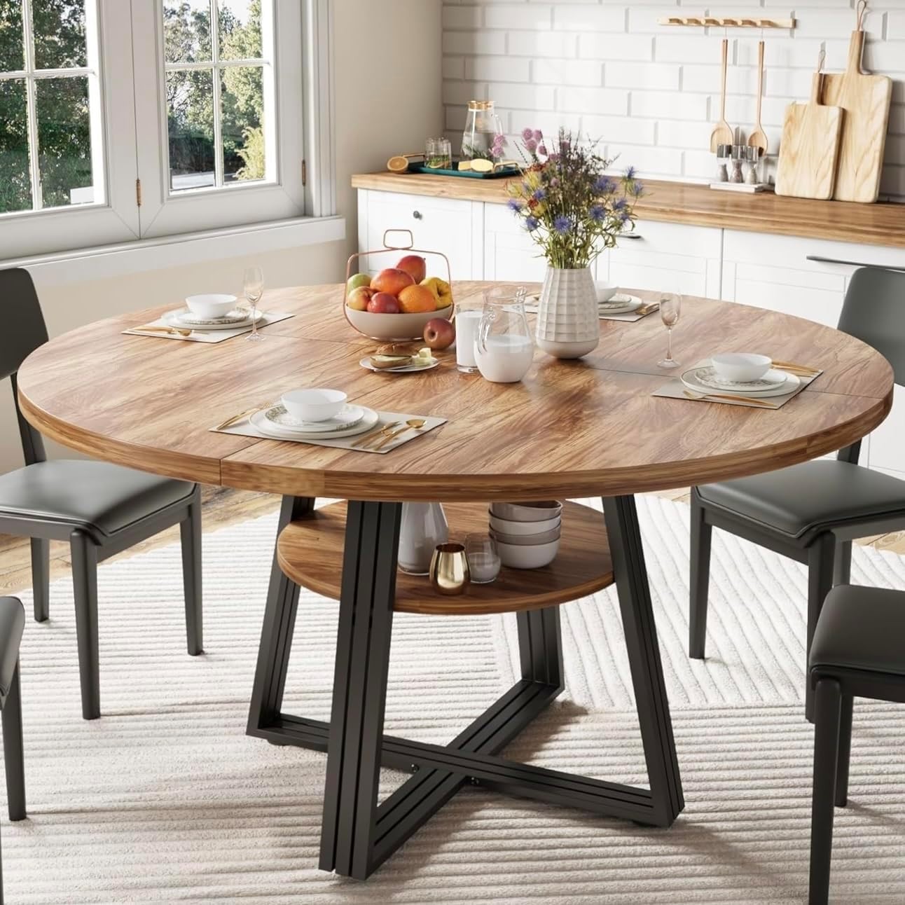 47-Inch Round Dining Table for 4-6, Space-Saving Industrial Furniture w/ Storage gallery