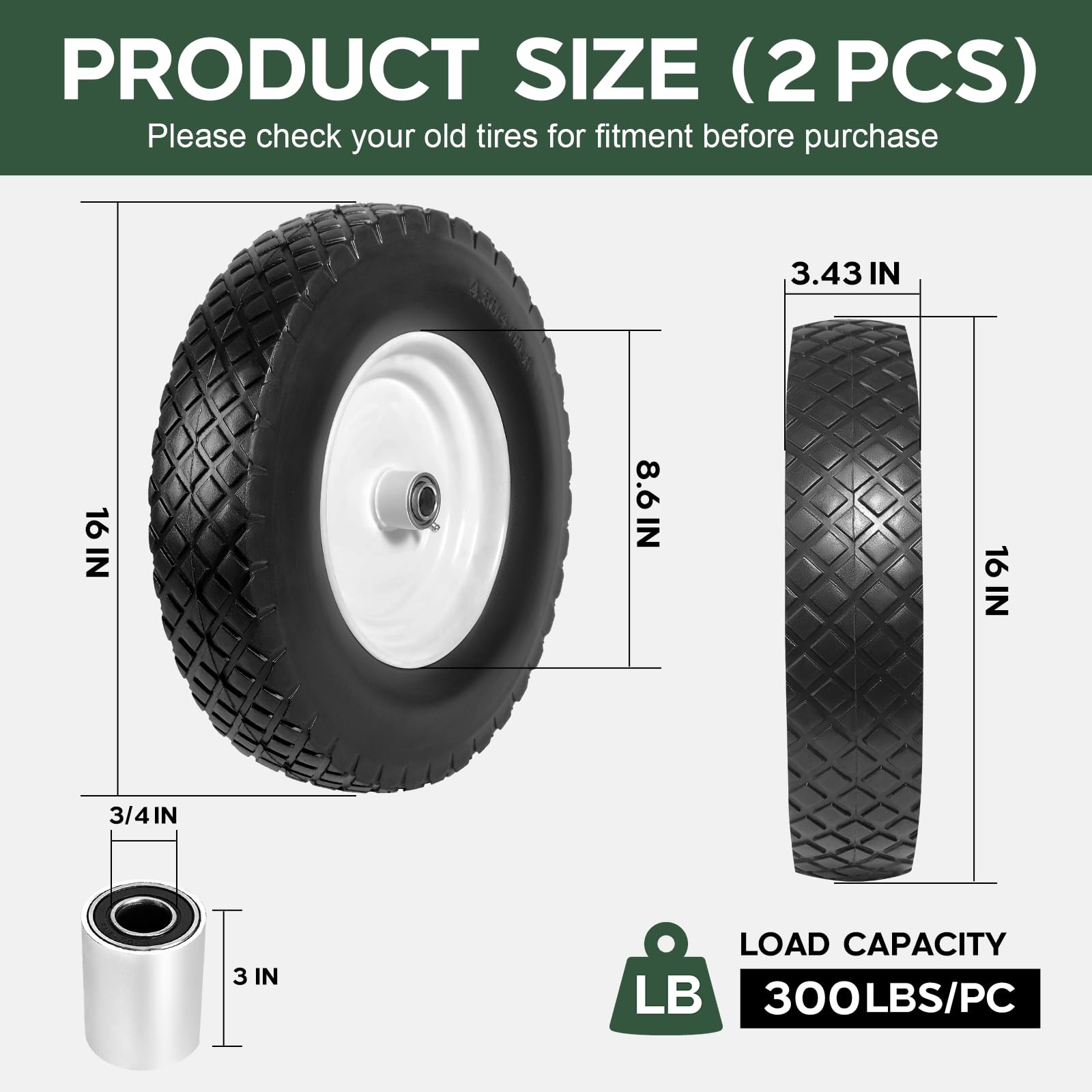 2 PCS 16 Inch Rubber Solid Flat Free Tires and Wheels 4.80/4.00-8 with 3/4'' ... gallery
