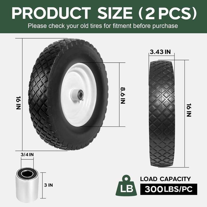 2 PCS 16 Inch Rubber Solid Flat Free Tires and Wheels 4.80/4.00-8 with 3/4'' ... gallery