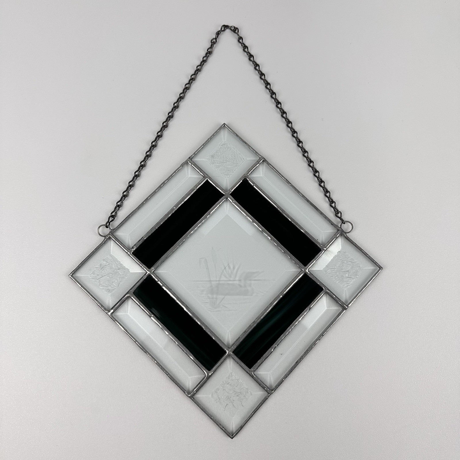 Vintage 8”x8” Green & Clear Square Stained Glass Sun Catcher W/ Etched Loon gallery
