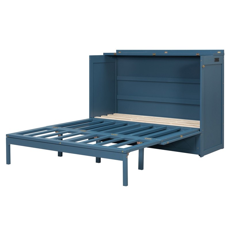 Queen Murphy Bed Wall Cabinet w/ Socket USB Ports & Drawer, Navy Blue gallery