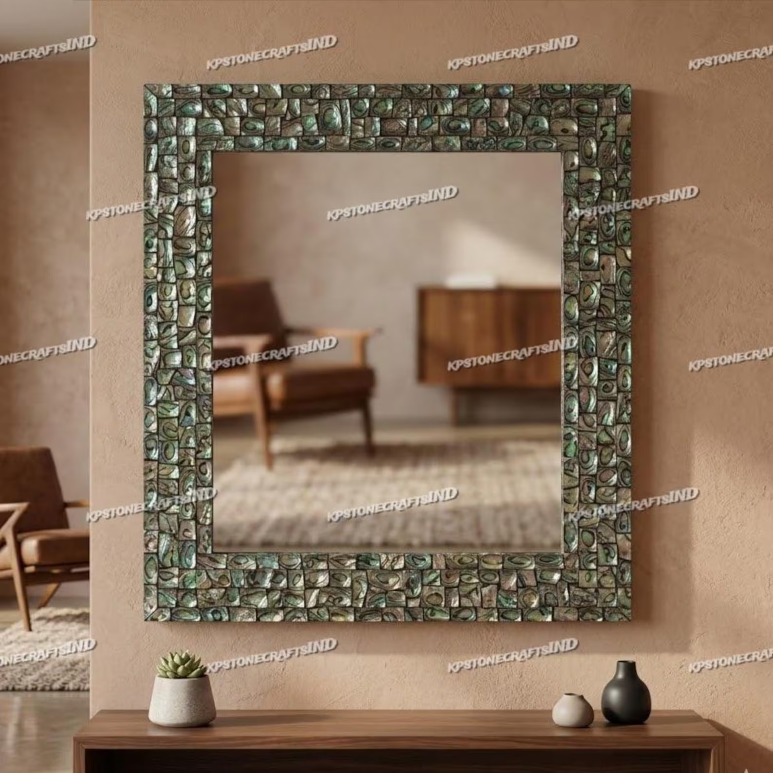 30" Handmade Abalone Shell Mirror Mother of Pearl Inlay Frame Iridescent Mosaic gallery