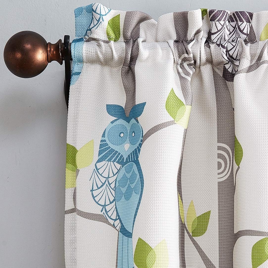 Hoot Owl Print Semi-Sheer Rod Pocket Kitchen Curtain Tier Pair, 56" x 36", Mocha gallery