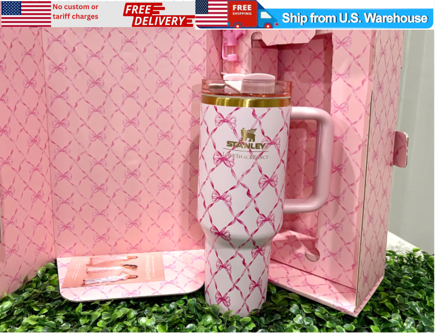 Stanley x LoveShackFancy 40oz Quencher H2.0 Tumbler Baby Bow Peppermint Pink US gallery