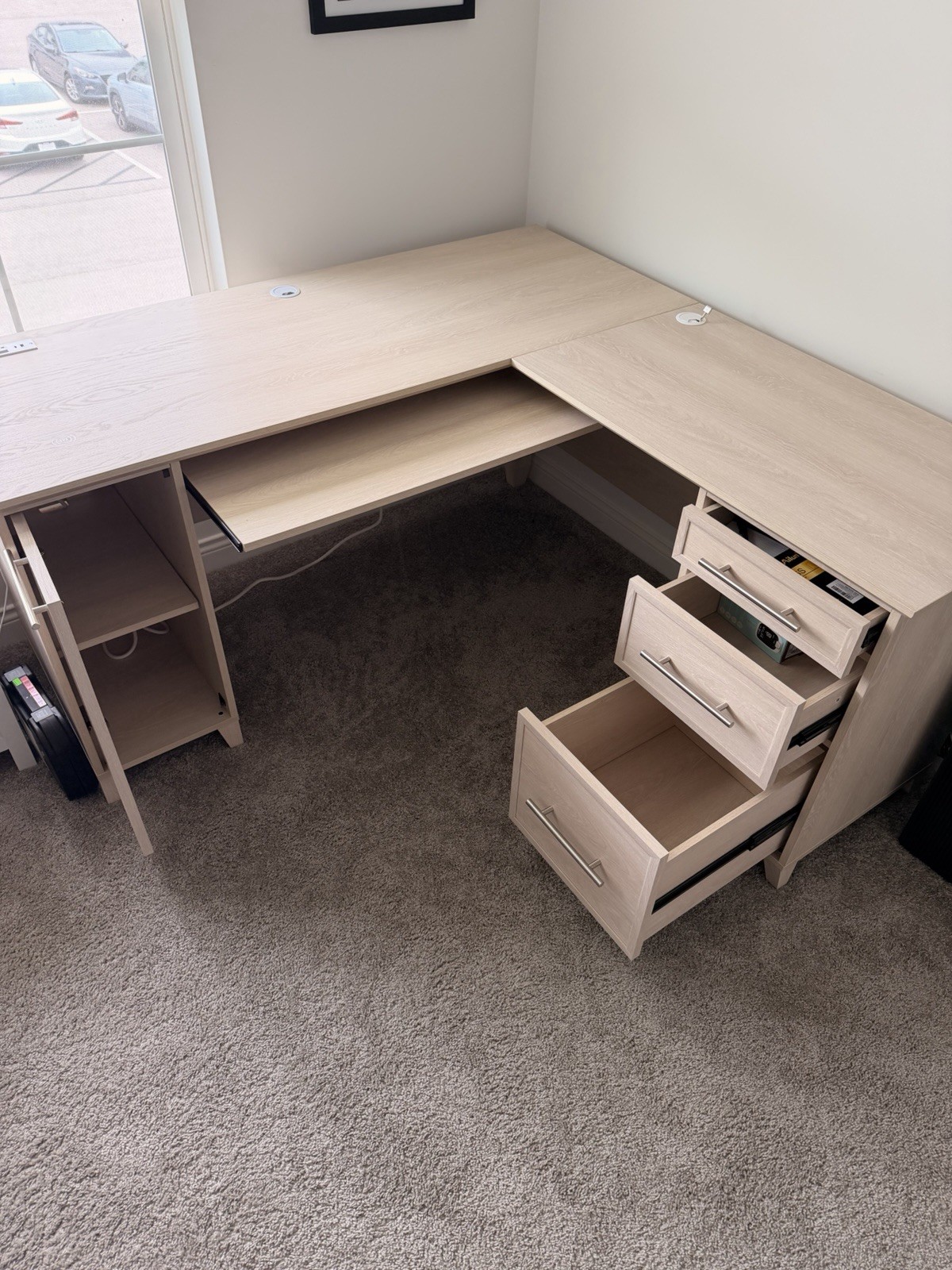 L-Shaped Corner Computer Desk, Light Wood Tone, 3 Drawers, Beige gallery