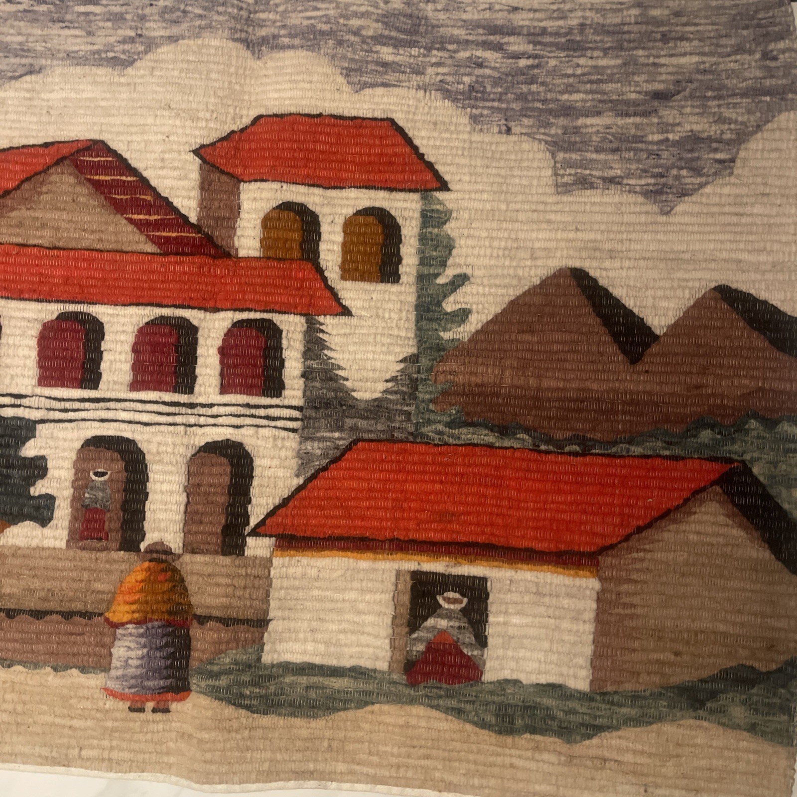 Peruvian rug for floor or wall, Llama wool  Andean scene & houses Folk Art gallery