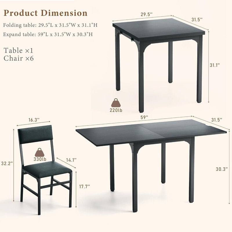 7-Piece Dining Table Set for 4-6, Extendable Kitchen Table Cushion Chairs Set of gallery