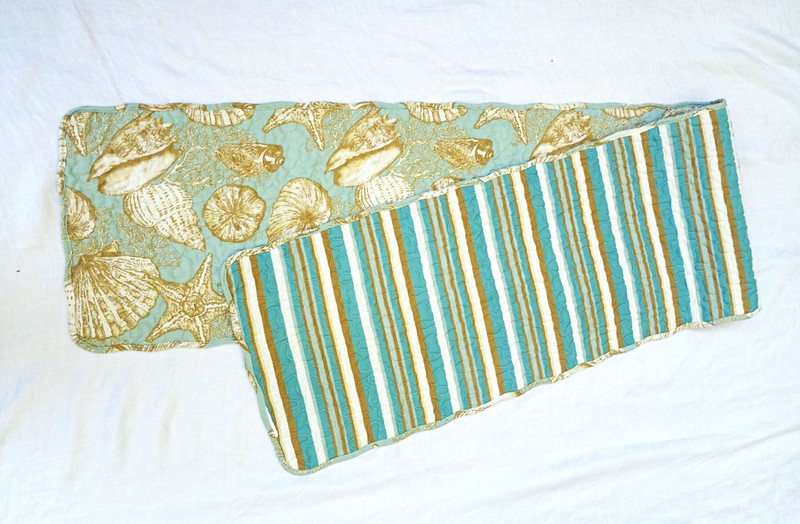 Quilted Table Runner Seashells Reversible Cotton Turquoise Blue Beige Beach gallery