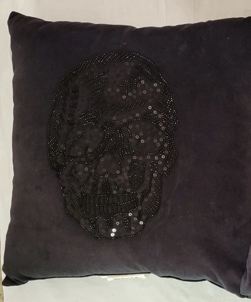 Threshold Halloween Throw Pillow Black Velvet Beaded Skull Square