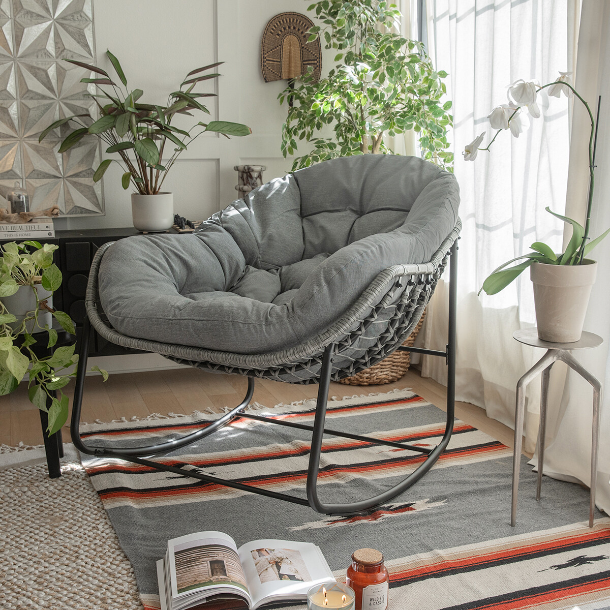 Barton Indoor/Outdoor Rattan Rocking Chair with Padded Cushion Porch Room, Grey gallery