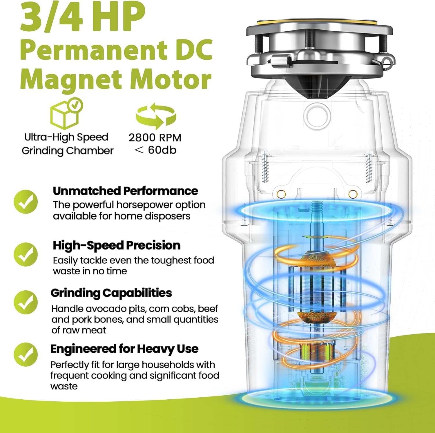 DC 3/4 HP Quiet Garbage Disposal 60dB Cord Dishwasher Hookup 6-Stage #R028 gallery