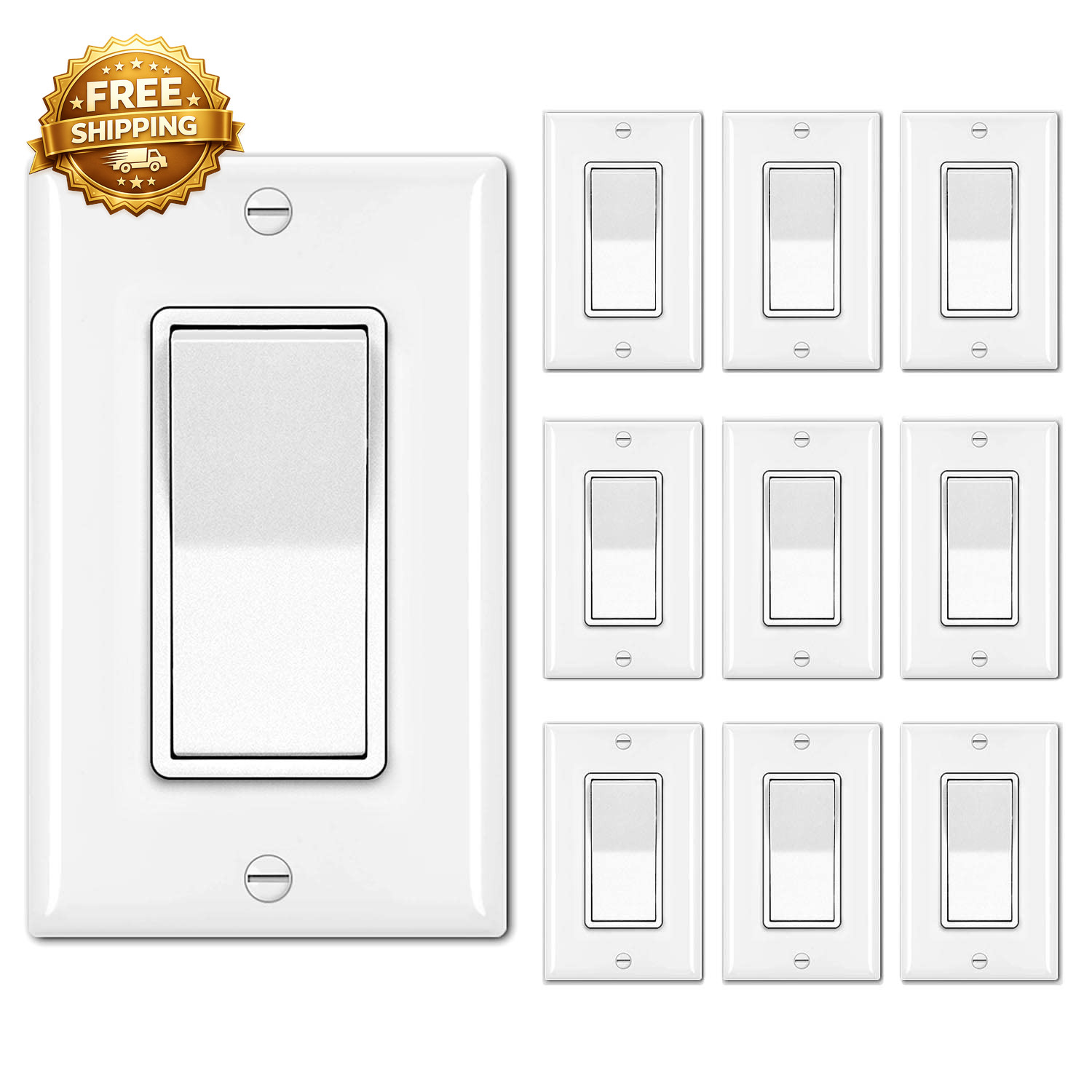 10 Pack Single Pole Decorator Light Switch with Wallplate 15A 120/277V Rocker gallery