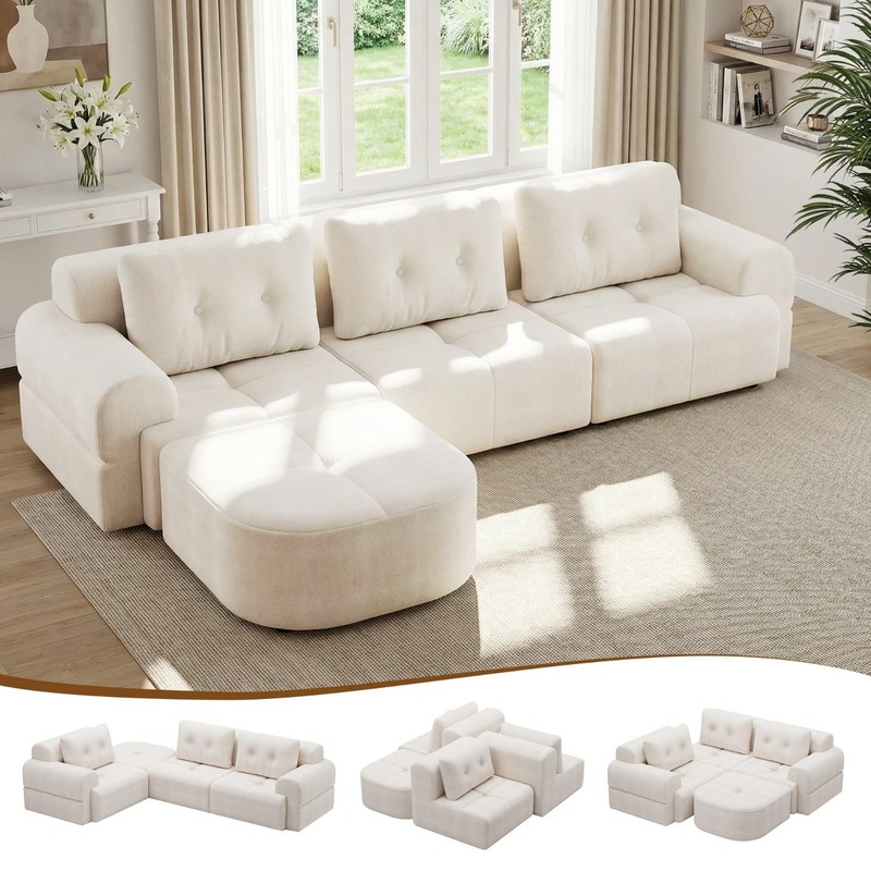112" Modular Sectional Sofa Couch with Chaise L-Shaped Tufted Cloud Couch, Beige gallery