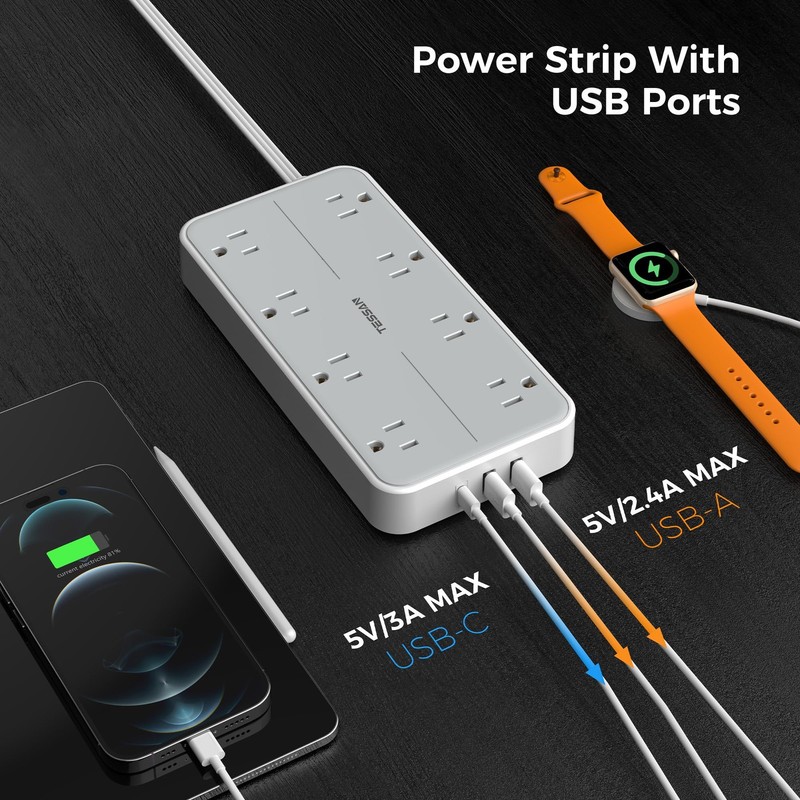 TESSAN Power Strip Surge Protector, Flat 6FT-1080J surge protection, Gray gallery