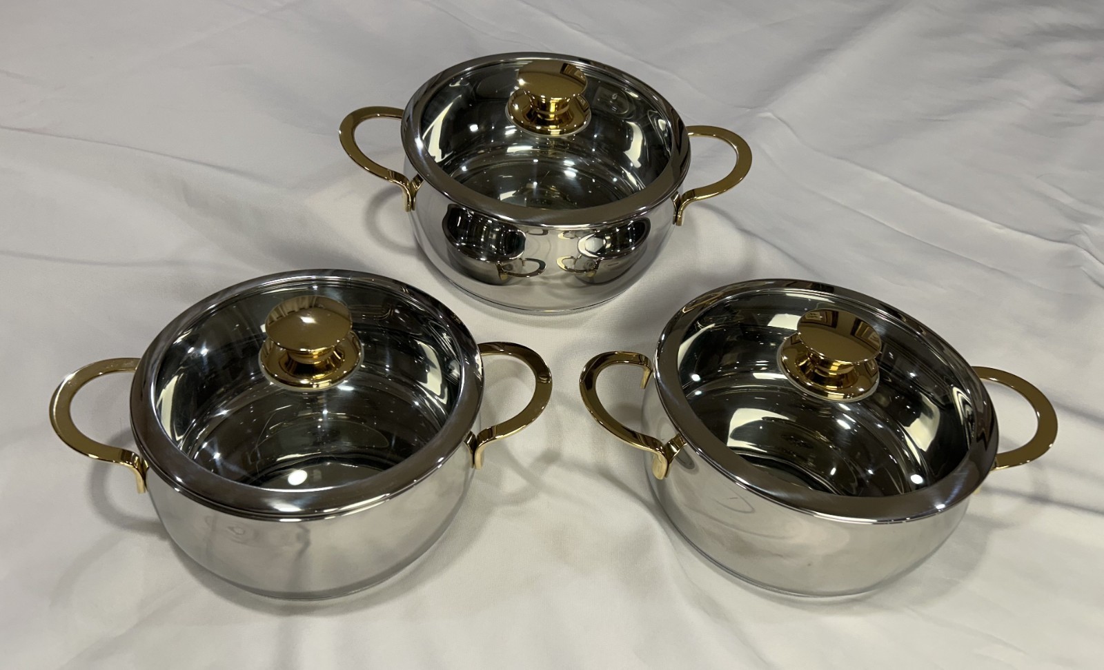 Lot of 3 Command Performance Gold 3 Qt Pots with Lids 18/10 Stainless 3-Ply*NEW* gallery