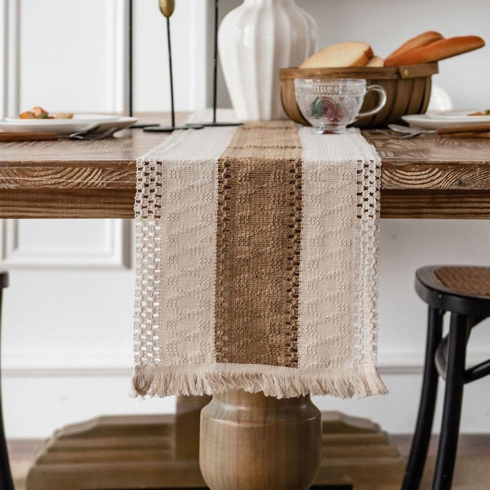 Geometric Patterned Table Runner with Tassels ,Rustic Table Runners 70 Inches...