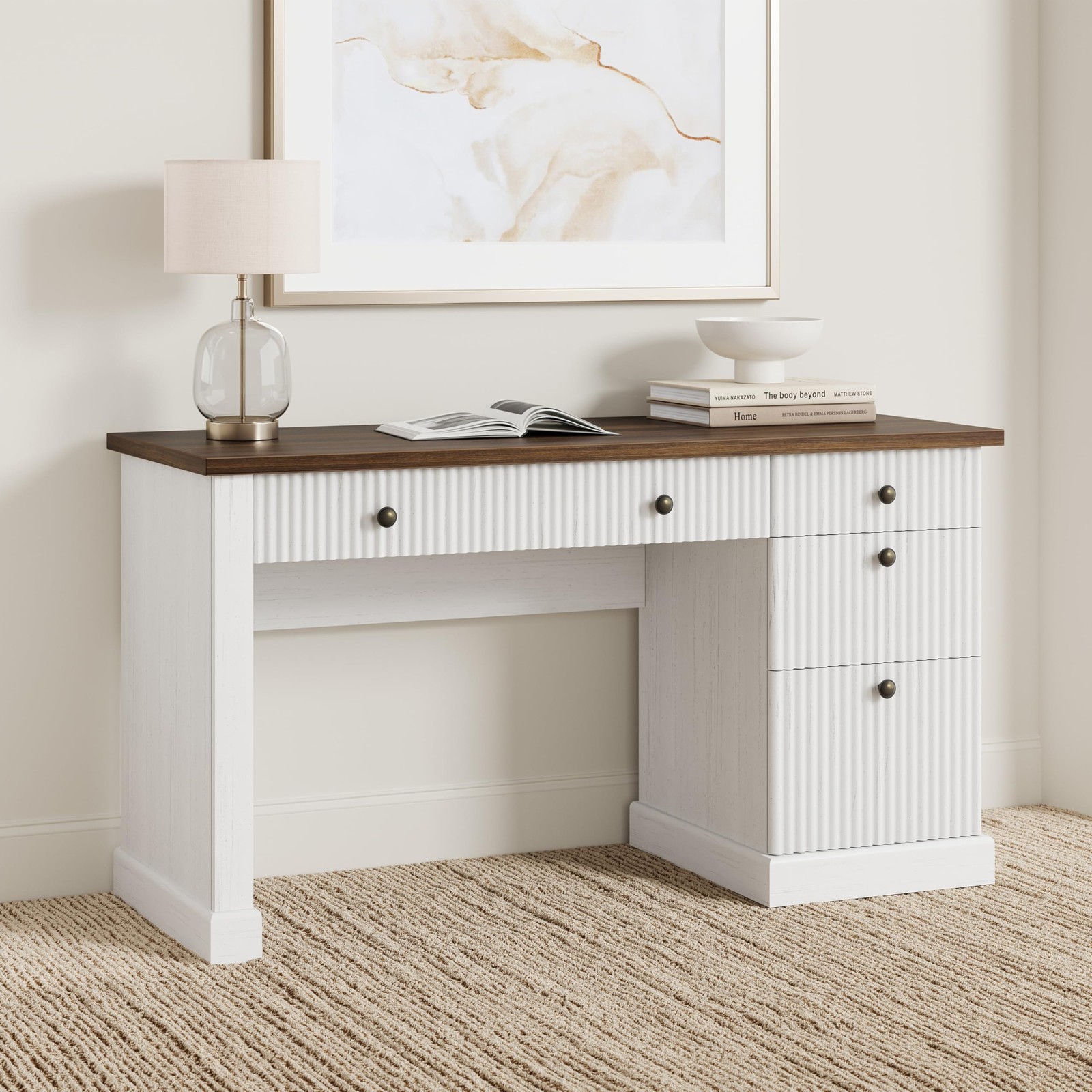 Fluted Home Office Desk Modern Executive Desk with Charging Station & Drawers gallery