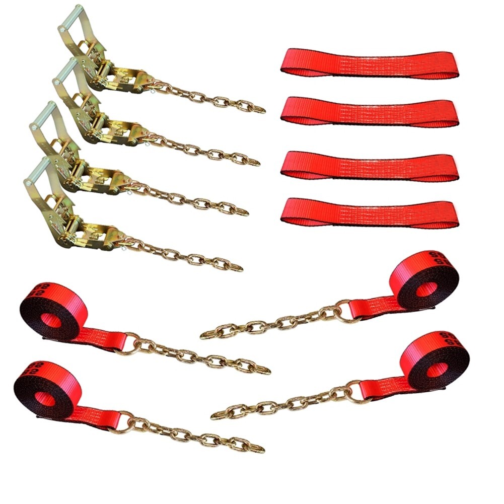 8 Point Roll Back Vehicle Tie Down Kit w/Chain Tails On Both Ends for Tow Truck gallery