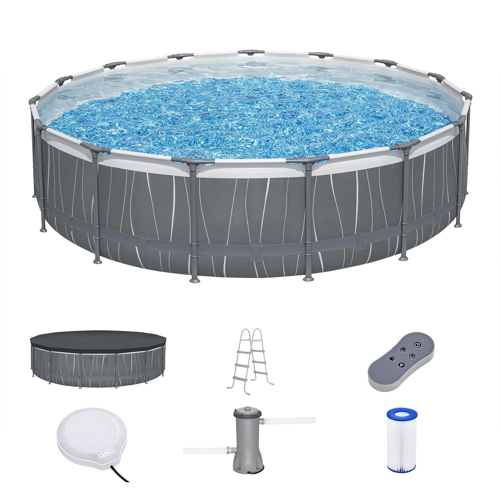 Above Ground Pool, Round Metal Frame Outdoor Swimming Pool Set with LED Light gallery
